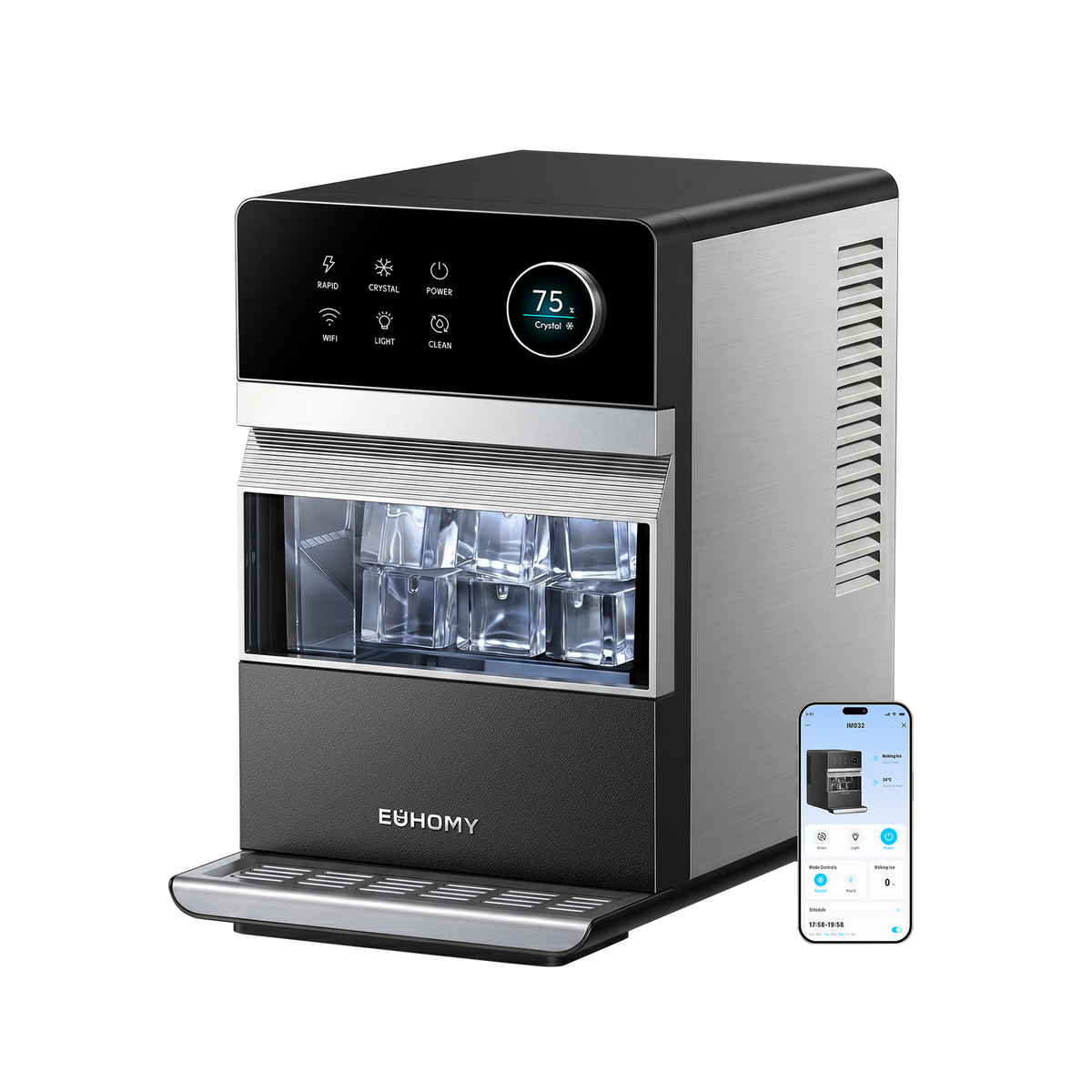 Euhomy Rock Plus Square Ice Maker with crystal-clear square ice cubes